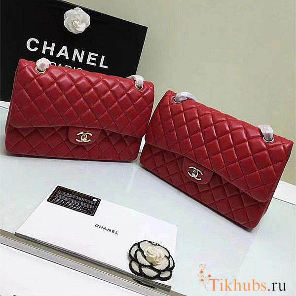 Chanel Lambskin Flap Bag Gold-Tone Metal Red Size 33 cm - 1