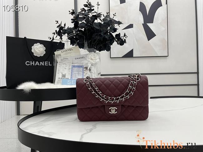 Chanel Flap Bag Silver-tone Metal Caviar Leather Wine Red 880780 Size 25cm - 1