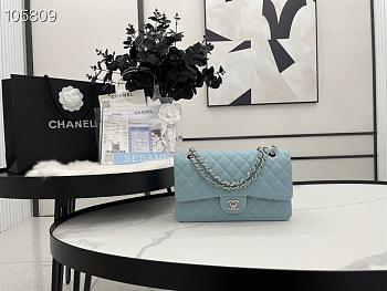 Chanel Flap Bag Silver-tone Metal Caviar Leather Light Blue 880780 Size 25cm