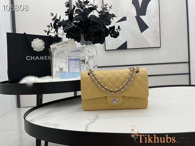 Chanel Flap Bag Silver-tone Metal Caviar Leather Yellow 880780 Size 25cm - 1