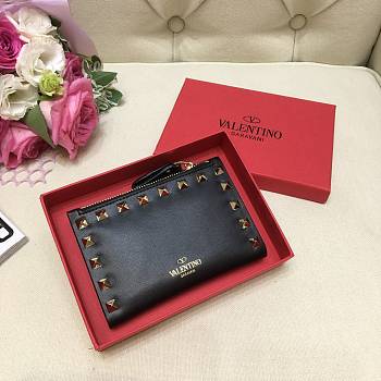 Valentino Rockstud Grainy Calfskin Coin Purse And Cardholder Black Size 13 cm
