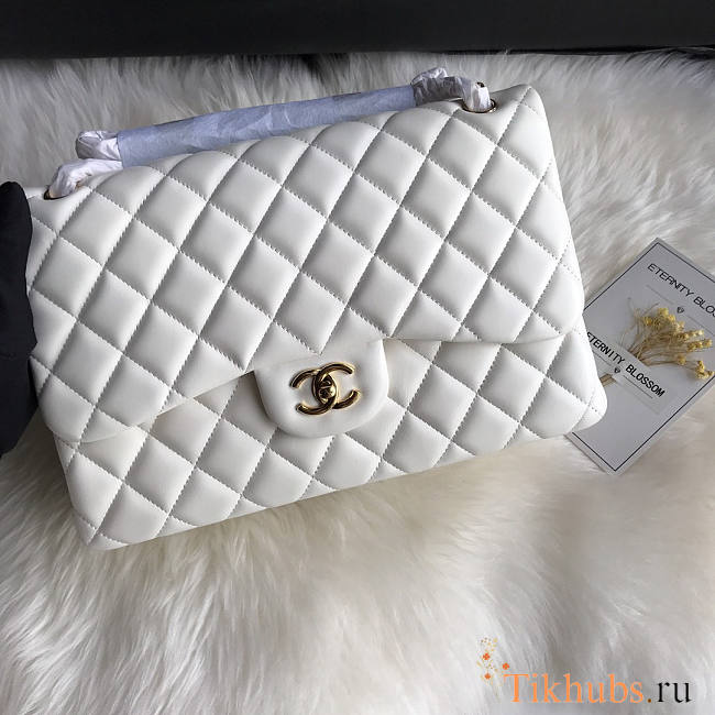 Chanel Lambskin Double Flap Bag In White Gold Hardware Size 30 cm - 1