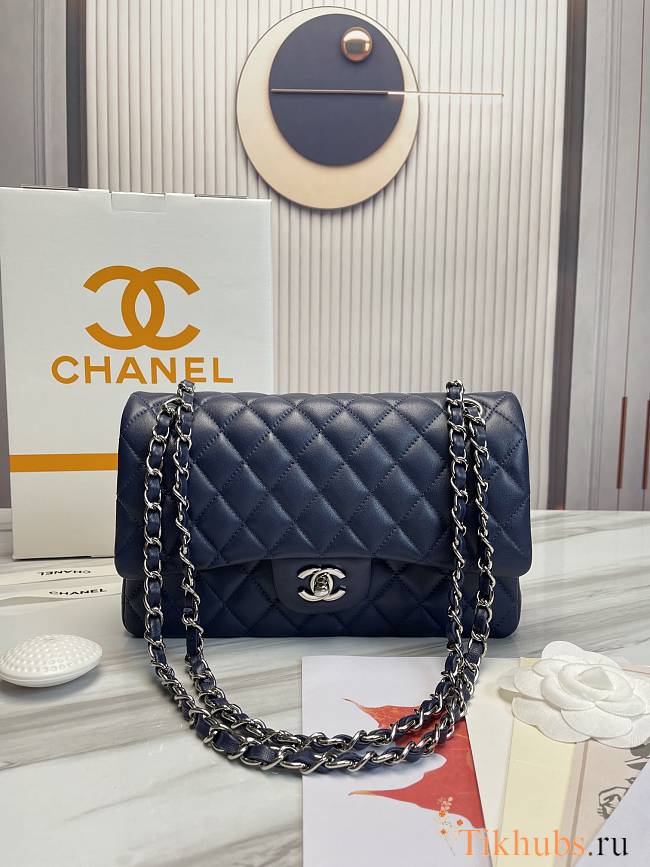 Chanel Flap Bag Navy Blue Lambskin Silver Hardware Size 30 cm - 1