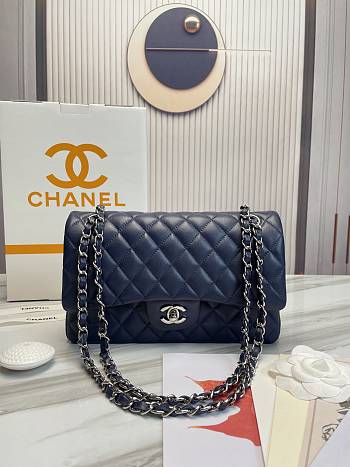Chanel Flap Bag Navy Blue Lambskin Silver Hardware Size 30 cm