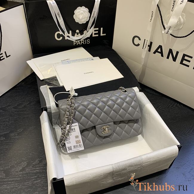 Chanel Flap Bag Gray Lambskin 01112 Silver Hardware Size 25 cm - 1