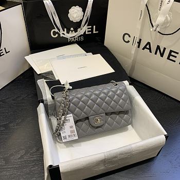 Chanel Flap Bag Gray Lambskin 01112 Silver Hardware Size 25 cm