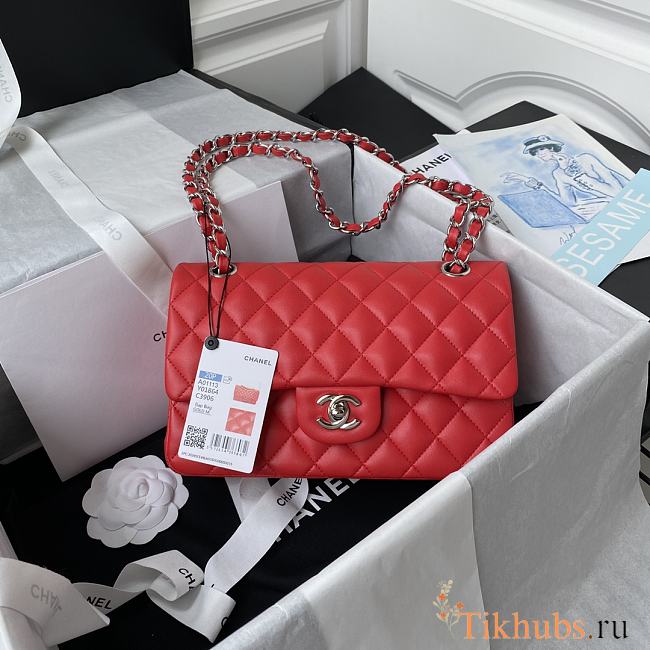 Chanel Flap Bag Lambskin Red Silver Hardware Size 23 cm - 1