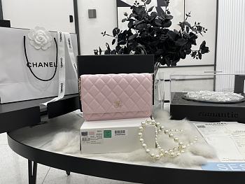 Chanel WOC Pearl Chain Light Pink Lambskin A68052 Size 19.2 x 12.3 x 3.5 cm