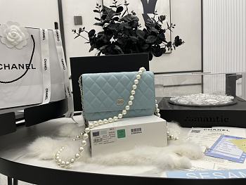 Chanel WOC Pearl Chain Light Blue Lambskin A68052 Size 19.2 x 12.3 x 3.5 cm