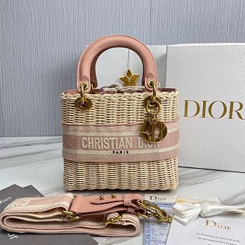 Dior Medium Lady Natural Wicker Bag Pink M0565 Size 24 x 20 x 11 cm