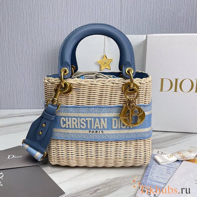 Dior Medium Lady Natural Wicker Bag Blue M0565 Size 24 x 20 x 11 cm - 1