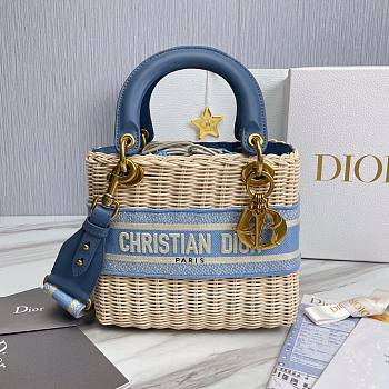 Dior Medium Lady Natural Wicker Bag Blue M0565 Size 24 x 20 x 11 cm