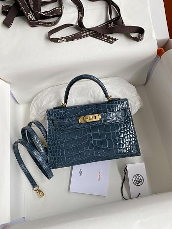 Hermes Crocodile Blue Mini Kelly Gold Hardware 19cm