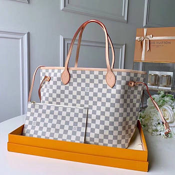 LV Original Neverfull Bag N41361 White Grid With Apricot MM