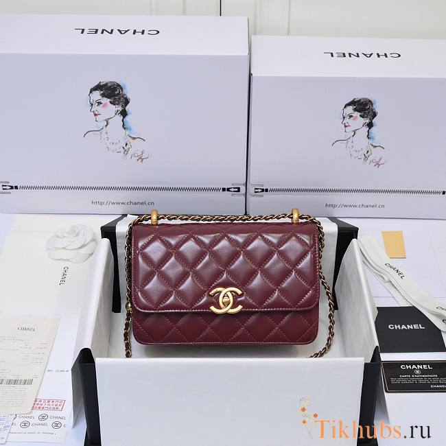 Chanel Small Flap Bag Calfskin Wine Gold Hardware 22x14.5x8cm - 1