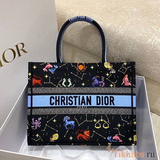 Dior Book Tote Black Pixel Zodiac Embroidery 36x18x28cm - 1