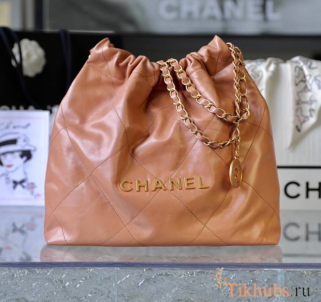 Chanel 22 Handbag Shiny Calfskin Brown Gold Hardware 42x39x8cm - 1