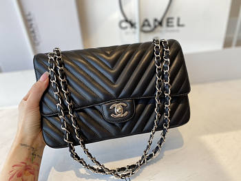 Chanel Flap Bag Chevron Lambskin Black Silver HW 25cm