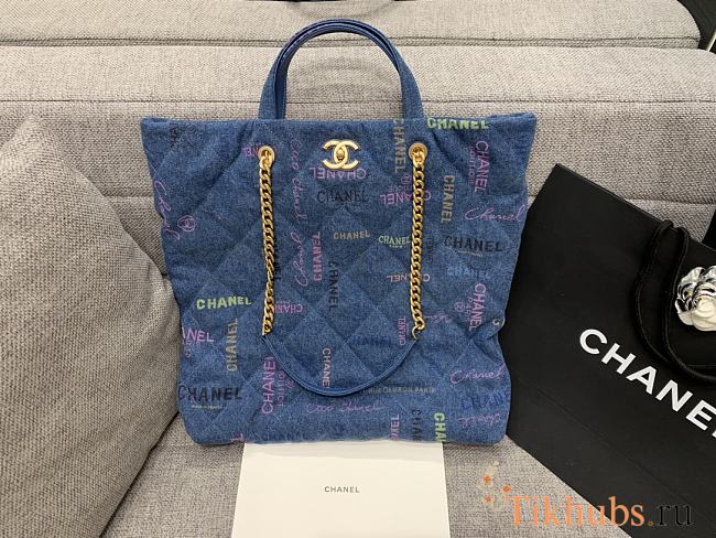 Chanel Maxi Shopping Bag Printed Denim Blue 51x43x3cm - 1