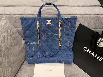 Chanel Maxi Shopping Bag Printed Denim Blue 51x43x3cm