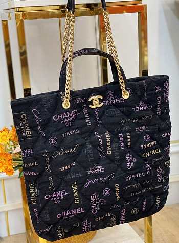 Chanel Maxi Shopping Bag Printed Denim Black 51x43x3cm