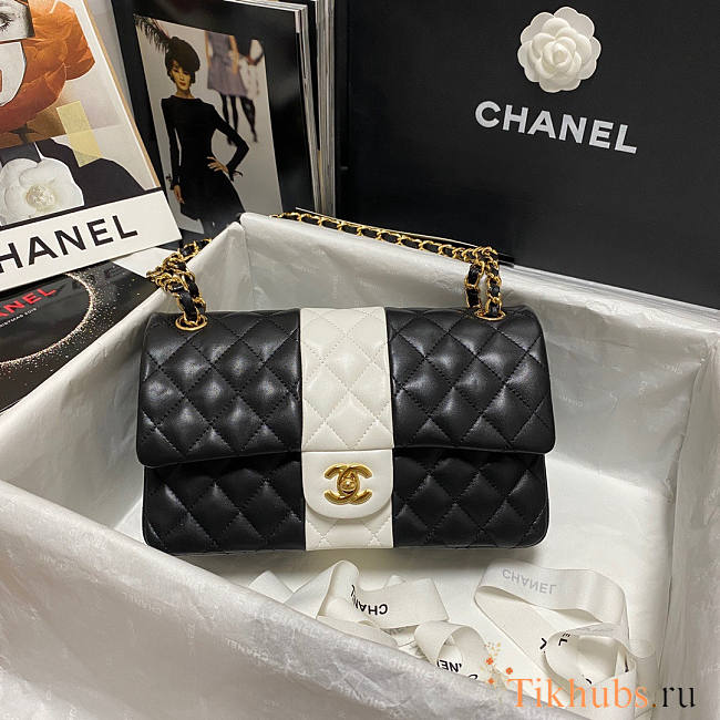Chanel Flap Bag Lambskin Gold HW Black and White 25.5x15.5x6.5cm - 1