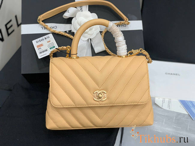 Chanel Coco Handle Chevron Beige Cavier 23cm - 1