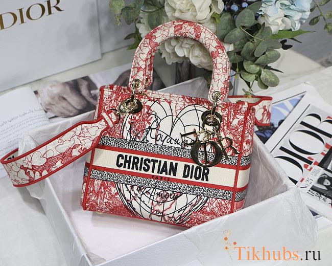 DIOR MEDIUM LADY D-LITE BAG Red and White Size 24 x 20 x 11 cm - 1