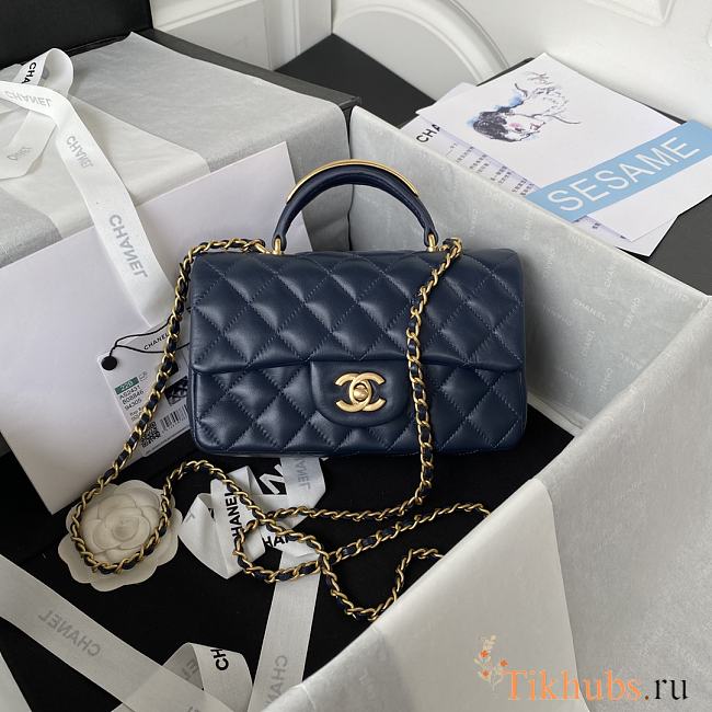 Chanel Flap Bag With Top Handle Lambskin Navy Blue 20x12x6cm - 1