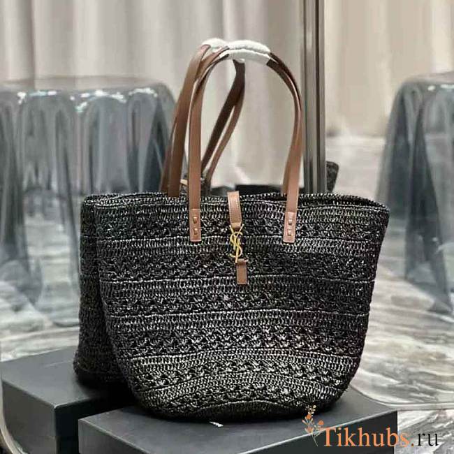 YSL Panier Medium Bag Crochet Raffia Black 48x30x26cm - 1