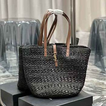 YSL Panier Medium Bag Crochet Raffia Black 48x30x26cm