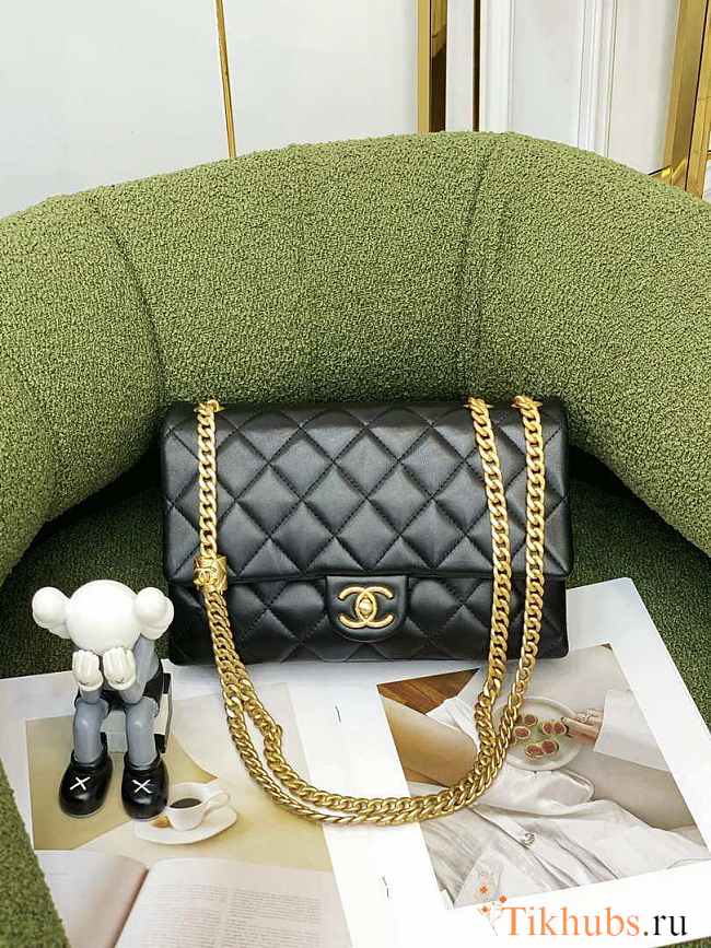 Chanel Flap Bag Lambskin Gold Black 25x16x10cm - 1