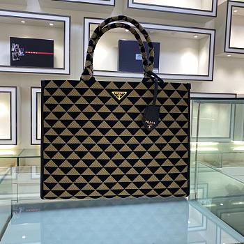 Prada Large Symbole Jacquard Fabric Handbag Black Beige 39x31x11cm