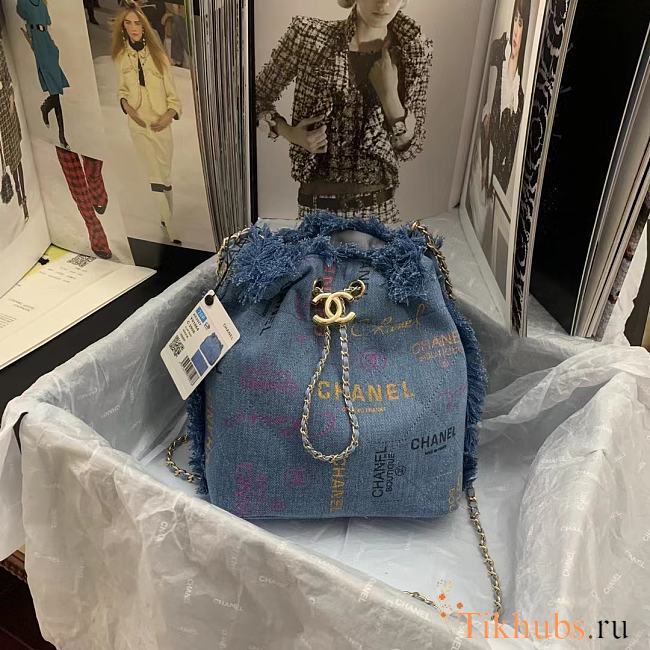 Chanel Bucket Bag with Chain Printed Denim Blue 23×20×9.5cm - 1