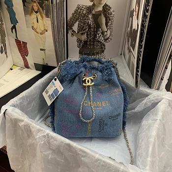 Chanel Bucket Bag with Chain Printed Denim Blue 23×20×9.5cm