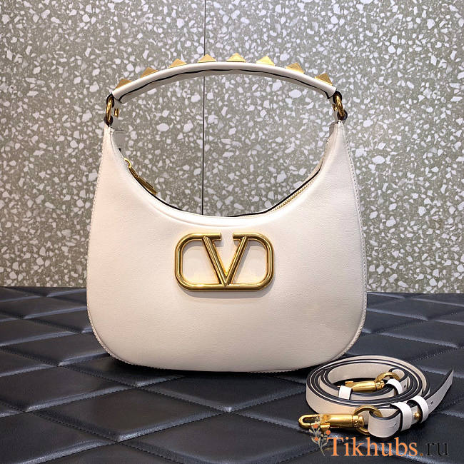 Valentino Stud Sign Calfskin Hobo White Bag 26x30x7cm - 1