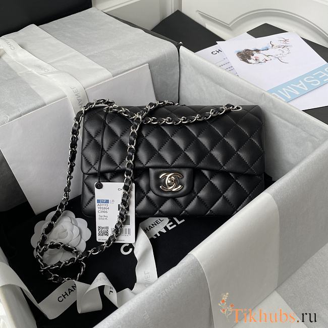 Chanel Classic Flap Bag Black Lambskin Silver Hardware 23cm - 1