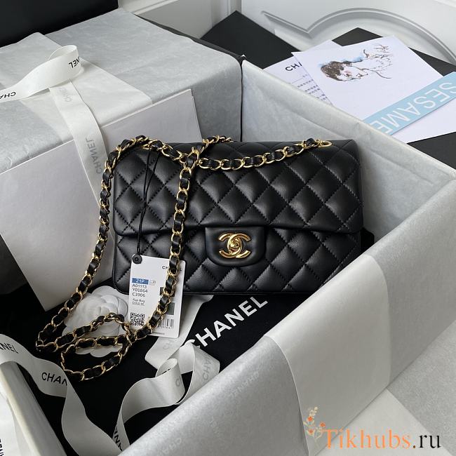 Chanel Classic Flap Bag Black Lambskin Gold Hardware 23cm - 1