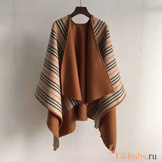 Burberry Lcon Stripe Detail Wool Cape Brown 130x130cm - 1