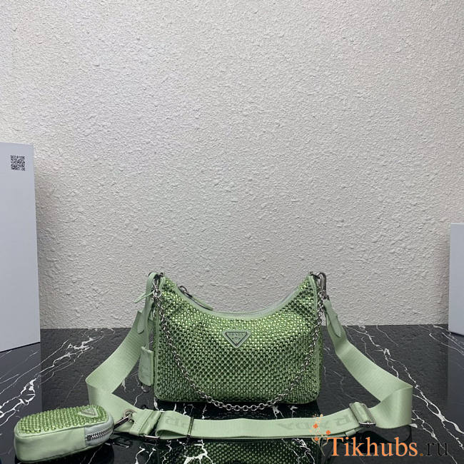 Prada Re-Edition 2005 Satin Green Bag With Crystals 22x18x6.5cm - 1