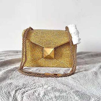 Valentino One Stud Embroidered Bag with Chain Gold 19x14x11cm