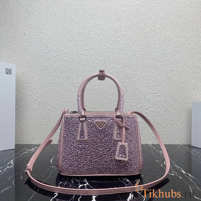 Prada Galleria Mini Crystal Embellished Satin Bag Pink 24.5x16.5x11cm - 1