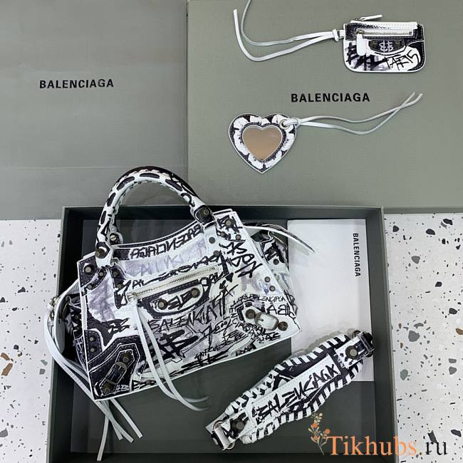 Balenciaga Neo Cagole XS Handbag in White and Black Graffiti 26x13x18cm - 1