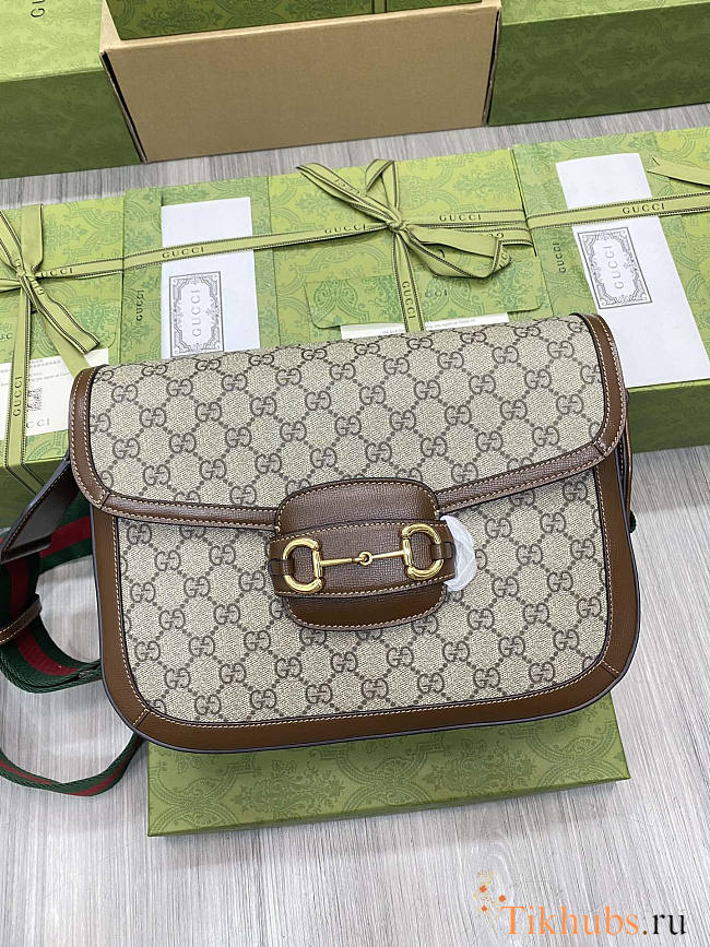 Gucci Horsebit 1955 Patchwork Shoulder Bag Brown And Beige 30x21x7.5cm - 1