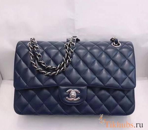 Chanel Flap Bag Navy Blue Lambskin Silver Hardware Size 25 cm - 1