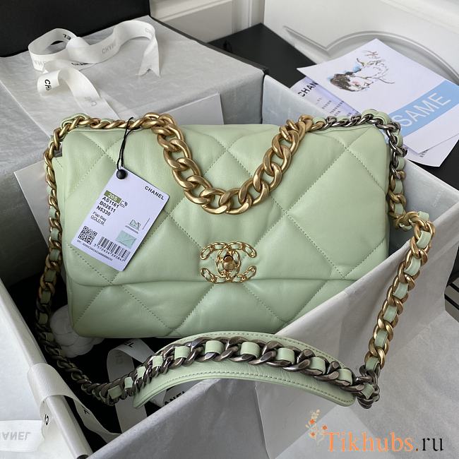 Chanel 19 Large Flap Bag Green Gold Lambskin 30cm - 1