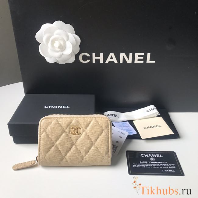 Chanel Classic Zipped Coin Purse Beige Gold Caviar 7.5x11x2cm - 1