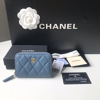 Chanel Classic Zipped Coin Purse Blue Gold Caviar 7.5x11x2cm