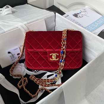 Chanel Small Flap Bag Velvet Gold Wine Red 20.5x17x6.5cm