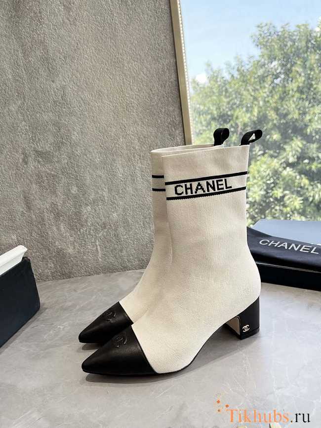 Chanel Shoes Elastic Knitting Ankle White Boots - 1